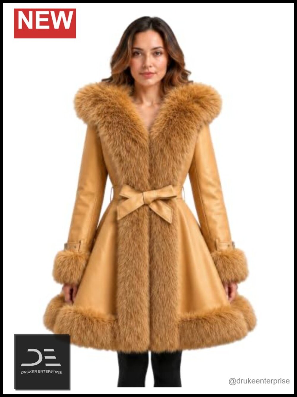 Vegan Leather Belted A Line Winter Coat Faux Fur Trim Hood 3/4 Length
